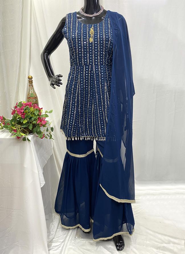 Georgette Aqua Blue Reception Wear Hand Work Readymade Sharara Suit